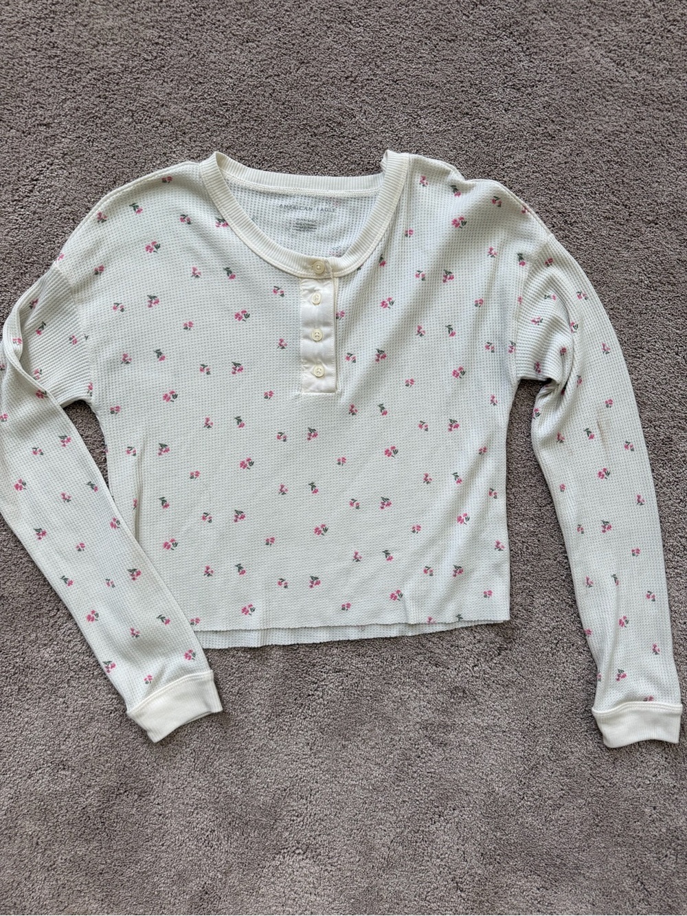 American Eagle Women’s Cream Waffle-Knit Henley with Small Pink Floral Details